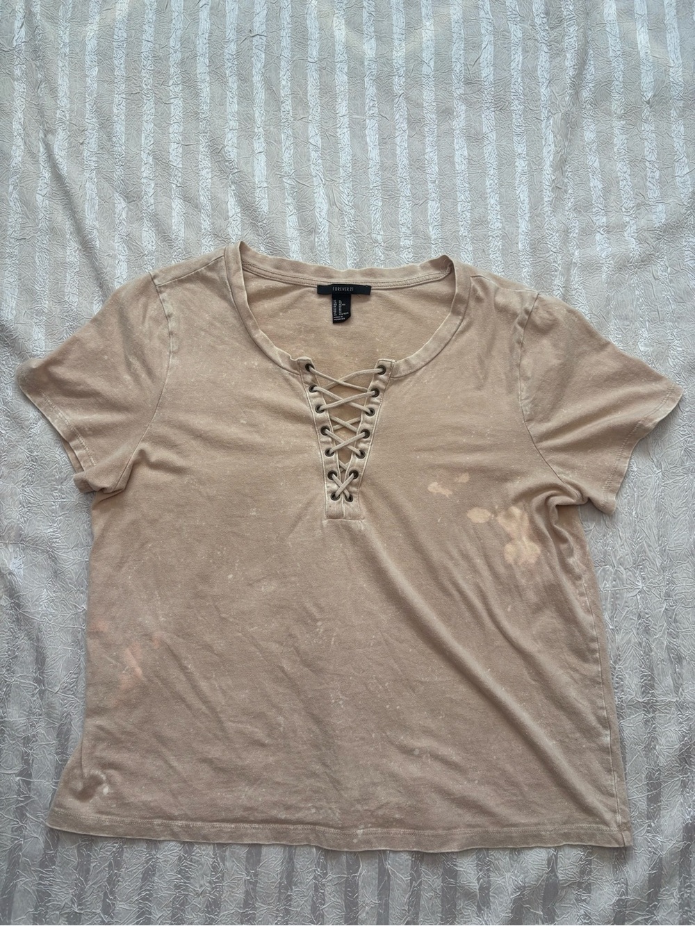 Lace-Up Short Sleeve Distressed Bleach Detail Top in Light Beige